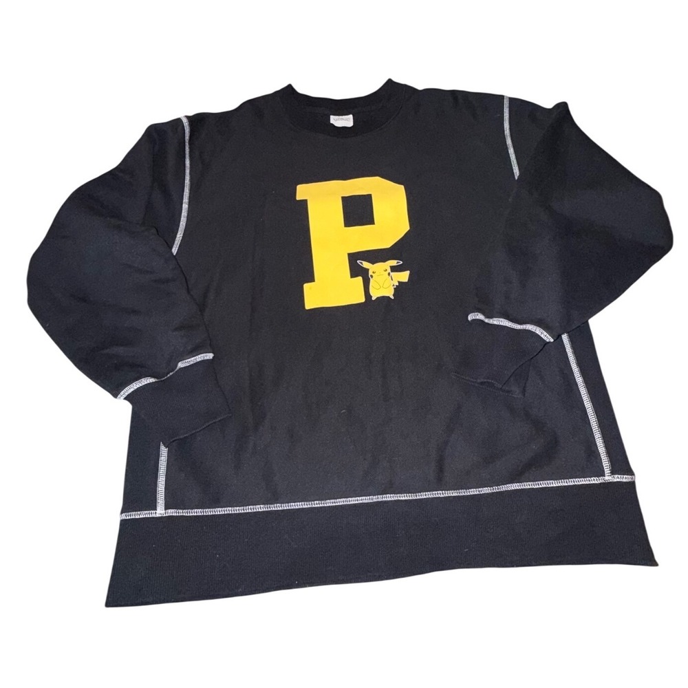 Pokemon GU Pikachu Contrast Stitch Crewneck Sweatshirt Black Yellow Large‎ L
